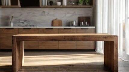 Empty wooden desk on blurred kitchen for product presentation