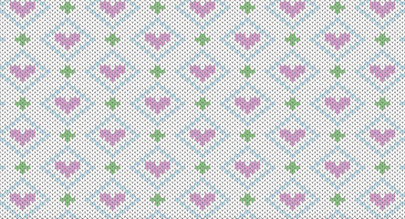 Purple heart with geometric on white knitted patten, Festive Sweater Design. Seamless Knitted Pattern