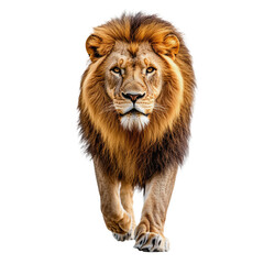 Fototapeta premium A male lion with a shaggy mane and golden eyes walks towards the camera.