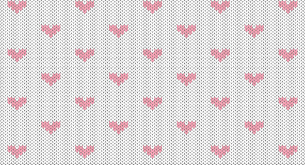 Pink heart on white knitted patten, Festive Sweater Design. Seamless Knitted Pattern