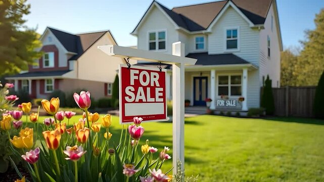 House for Sale with Sign and Flowers in Front Yard