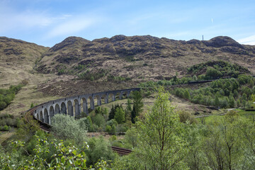 Naklejka premium Stunning views of Glenfinnan Viaduct surrounded by lush greenery and rolling hills in Scotland during a clear afternoon