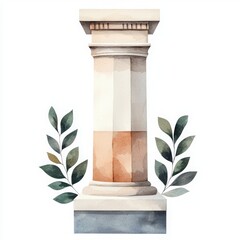 A classic pillar surrounded by green leaves on a white isolated background.
