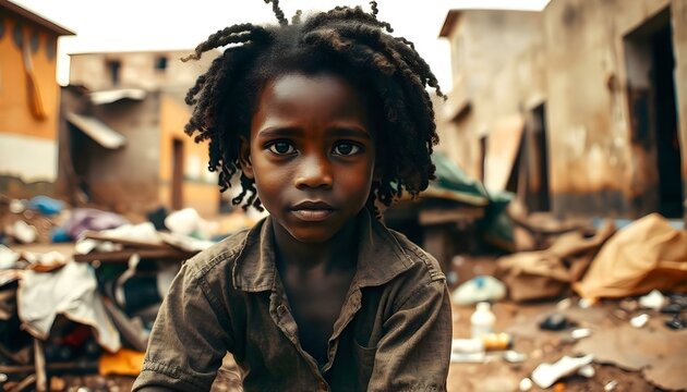 A poor young African girl with curly hair, wearing a tattered shirt, sitting in a slum environment
