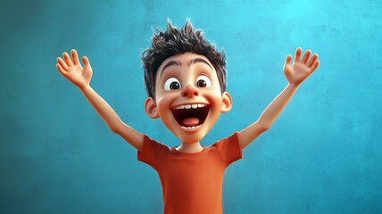 Photorealistic image of a young boy with an ecstatic smile, raising his arms in excitement and happiness
