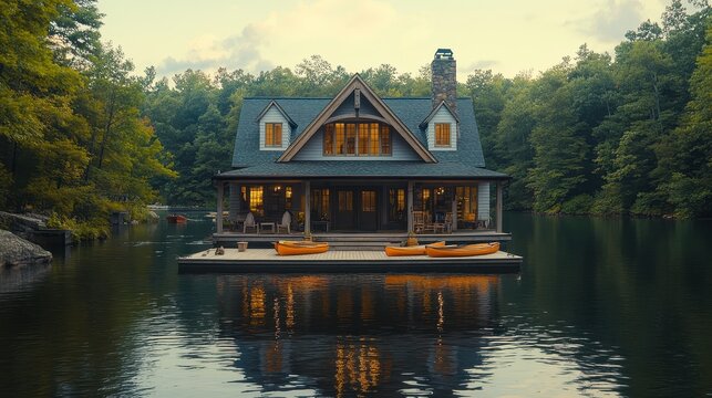A lakeside house with a boathouse and kayaks tied to the dock.