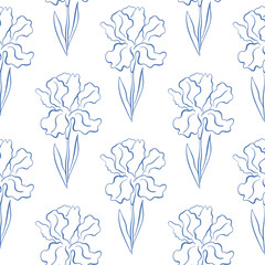 Elegant seamless line art pattern with iris flowers and leaves in a minimalistic style. Ideal for textile design, wallpaper, packaging and spring background.