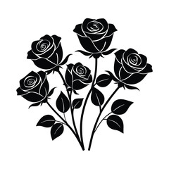 a silhouette of little rose flower black and white with white background, Rose flowers Collection