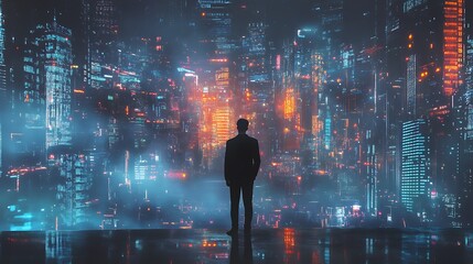 Man in suit silhouetted against a vibrant futuristic cityscape at night.