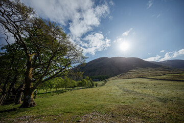 Scenic view of a tranquil Scottish landscape under a clear sky with a shining sun illuminating the hills and lush greenery
