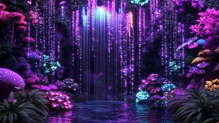 Fototapeta premium Enchanting Glowing Waterfall Fantasy Forest Scene