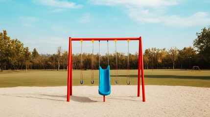 Vibrant Playground with Swing Set and Slide in Lush Park Setting