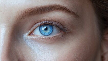 Close-up image of a woman blue eye showcasing the intricate details of the iris and eyebrow