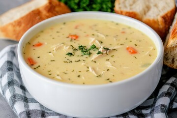Fototapeta premium Chicken soup is a protein-rich dish. Creamy chicken soup served with fresh bread and herbs.