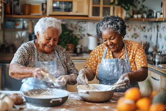 Elder LGBTQ couple lifestyle concept. happy retirement. Two women baking together, enjoying a fun kitchen moment with flour.