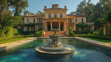 A luxurious mansion with a fountain and manicured gardens in front.