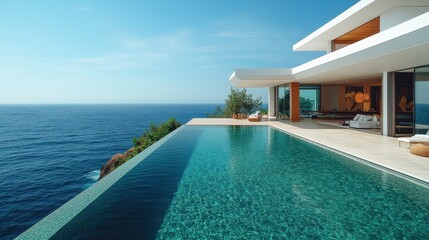 A luxurious Mediterranean villa with expansive patios and sea views.