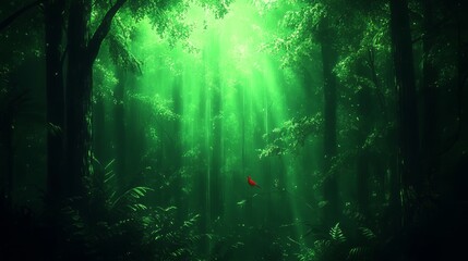Obraz premium Enchanting Green Forest with Solitary Red Bird