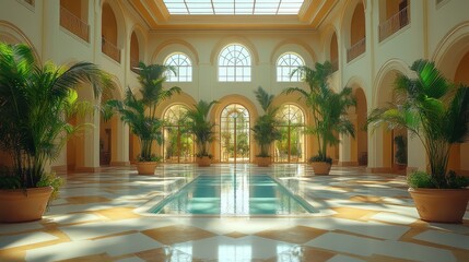 A luxurious villa with arched windows and a central courtyard.