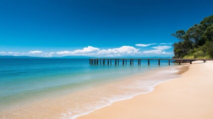 Fototapeta premium Tranquil Tropical Beach with Wooden Pier Extending into the Calm Ocean