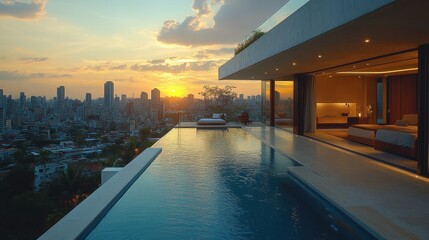 A luxury penthouse with panoramic city views and a rooftop pool.