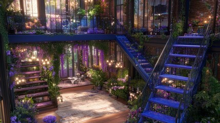 Fototapeta premium Enchanting Indoor Garden with Purple Staircase and Floral Decor