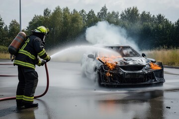 Obraz premium Firefighters combatting flames from a burning vehicle on an open road in an emergency response