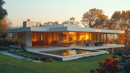 Fototapeta premium A mid-century modern house with floor-to-ceiling windows and a sleek design.