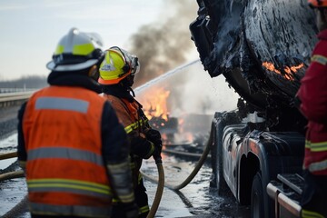 Obraz premium Firefighters respond to a hazardous materials fire on the highway while directing traffic and ensuring safety for all