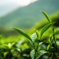 Obraz premium Fresh green tea leaf on bush at tea plantation background