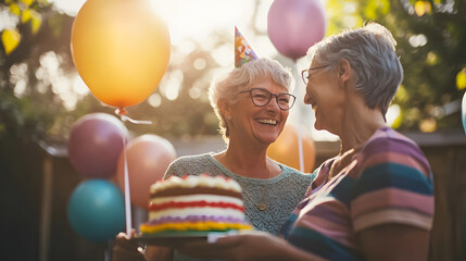 Elder LGBTQ couple lifestyle concept. happy retirement. Two joyful women celebrate with a cake and balloons in a festive outdoor setting.