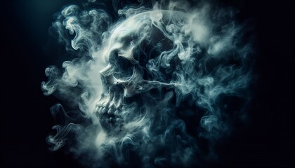 A spectral skull materializes from wisps of smoke against a deep, dark background. The ethereal smoke swirls around the skull, adding to the eerie and mysterious atmosphere.