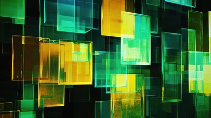 Abstract geometric pattern with overlapping vibrant green and yellow rectangles