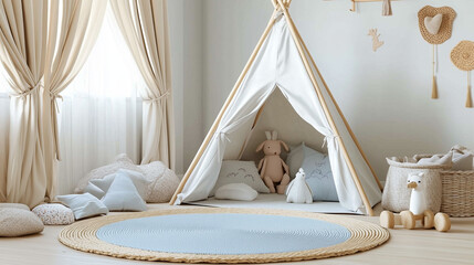 A cozy and playful children's bedroom featuring a teepee, soft pastel colors, natural fabrics, and wooden toys, creating a serene and stimulating environment for little ones. Scandinavian-inspired int
