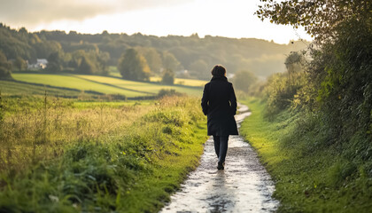 Obraz premium person walks path through vibrant fields and under ablue sky in peaceful countryside setting, woman walking in field