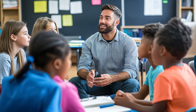 Engaging classroom discussion led by a teacher with diverse students participating and sharing ideas in a collaborative learning environment