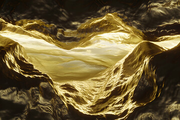 Abstract gold landscape, shimmering mountains, digital art, luxury, opulence, precious metal texture, golden valley, surreal environment, artistic rendering.