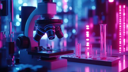 Stylized animation of dna visualization high-tech microscope lab digital science environment futuristic view