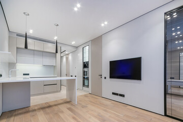 Luxury design studio apartment, decorated in white.Stylish kitchen set, TV on the wall .and mirrored door.