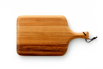白背景に置いた木製のカッティングボード　Wooden cutting board seen from above