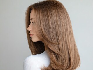 Naklejka premium A sideparted wig, sleek and shiny, light chestnut color, displayed with professional hair products