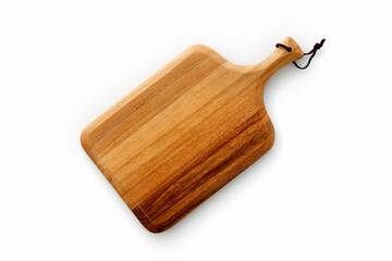 白背景に置いた木製のカッティングボード　Wooden cutting board seen from above
