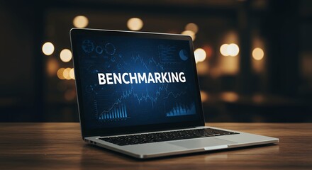 Image is a high-resolution photograph featuring a modern laptop placed on a wooden table in a dimly lit room.