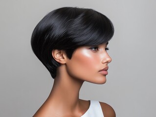 A sleek synthetic wig in glossy black, styled in a modern pixie cut, displayed on a polished metal mannequin