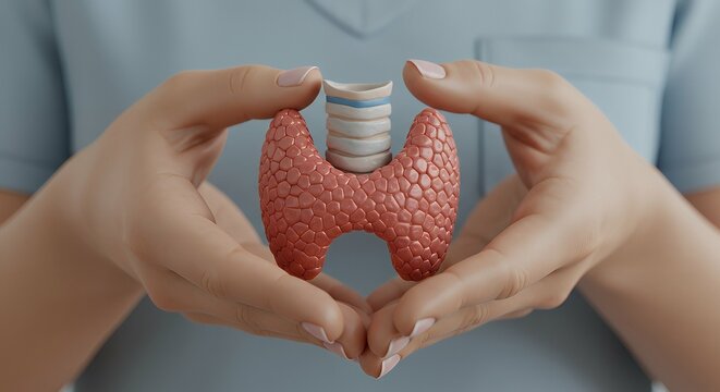 Image is a realistic digital illustration featuring a close-up view of a person holding a detailed anatomical model of a thyroid gland.