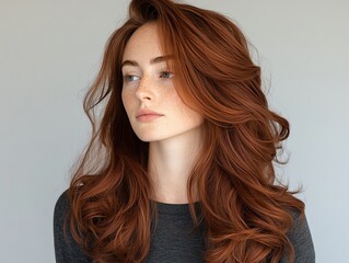 Obraz premium A synthetic wig styled in loose barrel curls, dark auburn shade, displayed on a mannequin with minimalist lighting