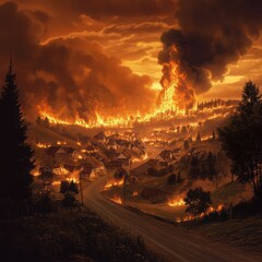 Surreal wildfires threatening communities in digital art's dramatic landscapes