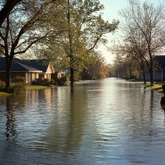 Obraz premium High fidelity aerial view of flooding damage in suburban neighborhood - natural disaster