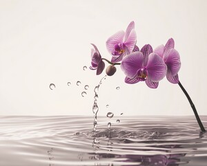 Obraz na płótnie Canvas Delicate purple orchid floating in water, creating ripples and water droplets.