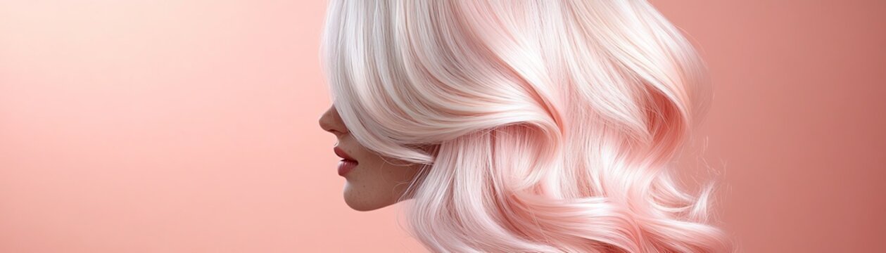 A wig stand featuring a long, layered synthetic wig, pastel pink, styled with subtle waves under soft studio lighting